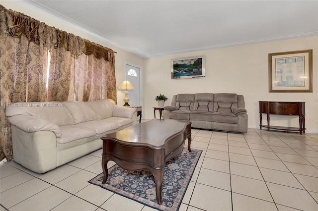 living room featuring light tile patterned floors and ornamental molding