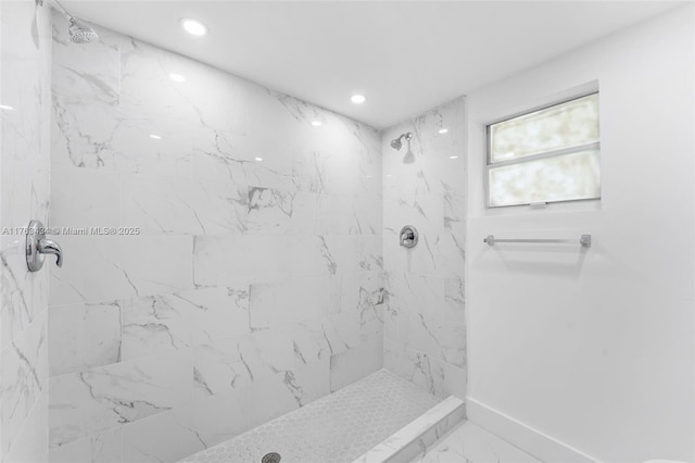 full bathroom featuring a marble finish shower, recessed lighting, and marble finish floor