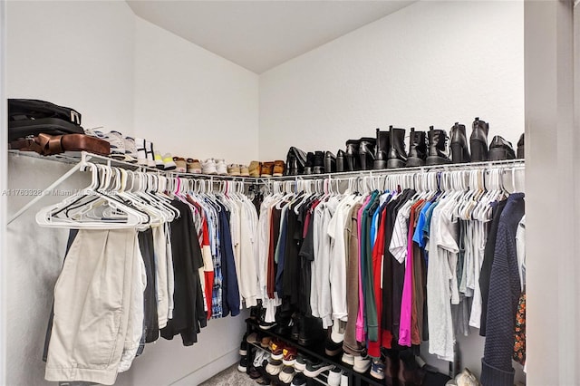 spacious closet featuring carpet flooring and vaulted ceiling