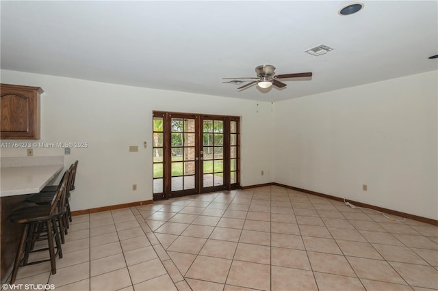 27820 SW 164th Ct, Homestead, FL 33031 - unfurnished room featuring light tile patterned flooring, ceiling fan, french doors, baseboards, and visible vents