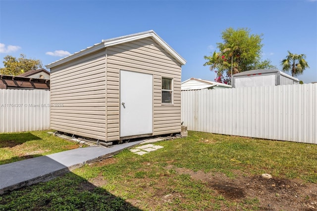 view of shed with a fenced backyard