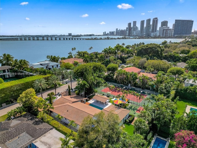 drone / aerial view with a water view and a city view