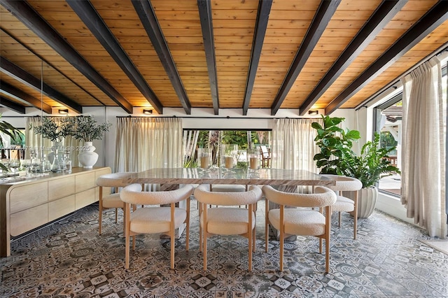 sunroom / solarium with a wealth of natural light, beamed ceiling, and wood ceiling