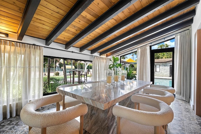 dining room with vaulted ceiling with beams and wood ceiling