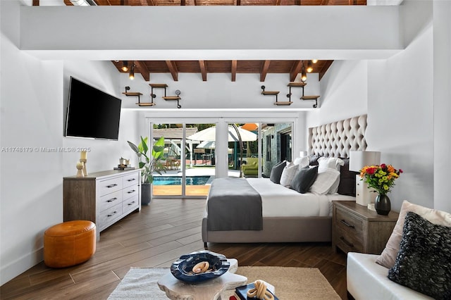 bedroom featuring wooden ceiling, access to outside, wood finished floors, and beamed ceiling