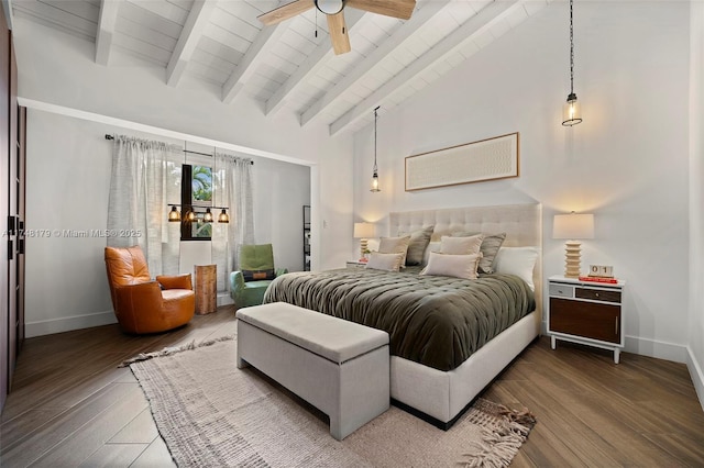 bedroom with lofted ceiling with beams, wood finished floors, wooden ceiling, baseboards, and ceiling fan