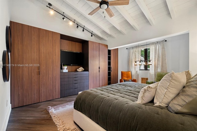 bedroom with lofted ceiling with beams, wood ceiling, track lighting, and dark wood-style flooring