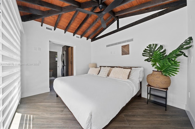 bedroom featuring lofted ceiling with beams, visible vents, dark wood-style floors, and wooden ceiling