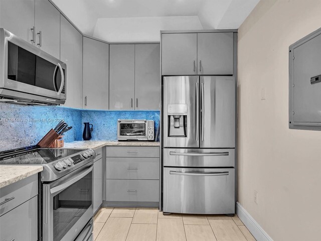 kitchen with backsplash, a toaster, electric panel, gray cabinets, and stainless steel appliances