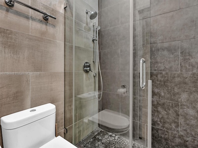 bathroom featuring a stall shower and toilet