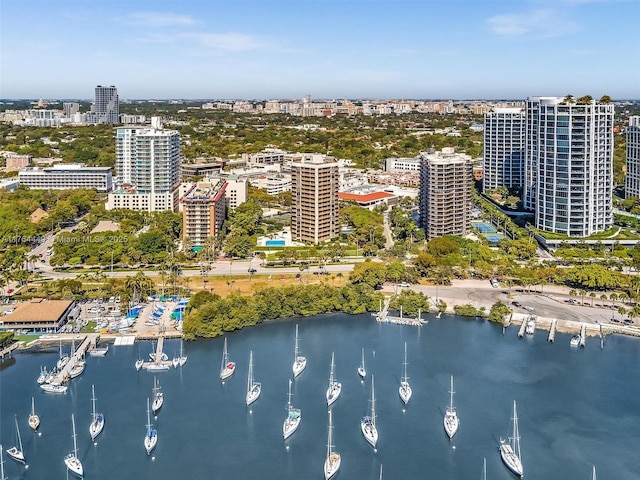 birds eye view of property featuring a city view and a water view