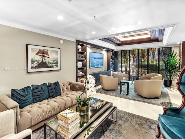 tiled living area featuring crown molding, a skylight, recessed lighting, and a raised ceiling