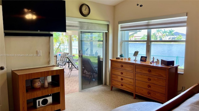 bedroom featuring a water view, carpet flooring, and access to outside