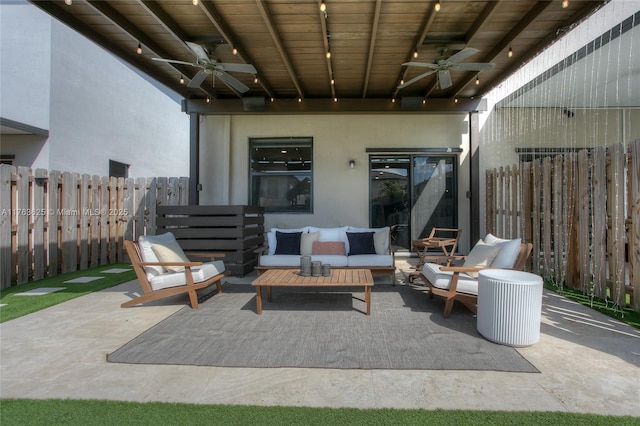 view of patio with a ceiling fan, outdoor lounge area, and fence