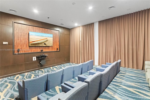 home theater featuring visible vents, recessed lighting, and carpet floors