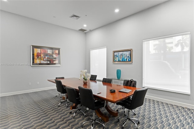 carpeted home office featuring visible vents, recessed lighting, and baseboards