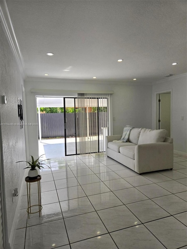 unfurnished living room featuring recessed lighting, a textured ceiling, and crown molding