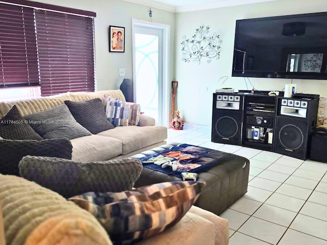 tiled living area featuring crown molding