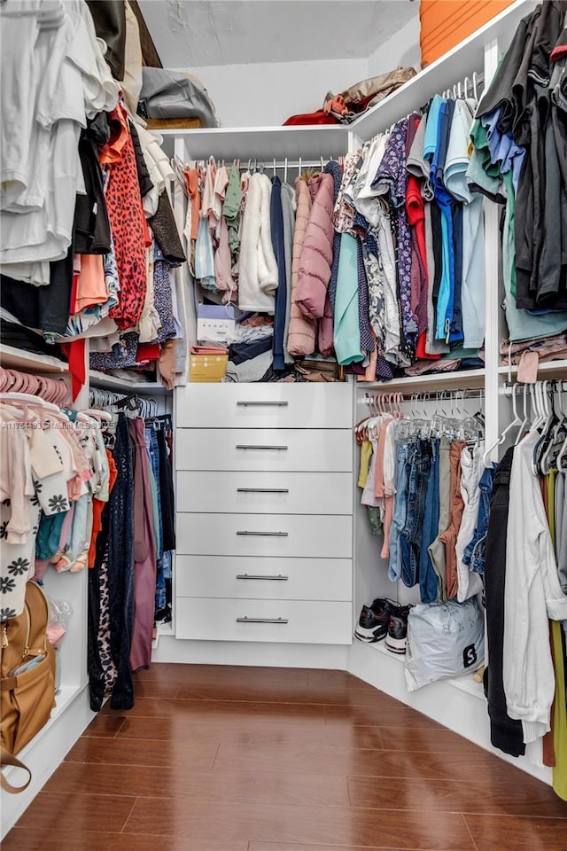 walk in closet with wood finished floors