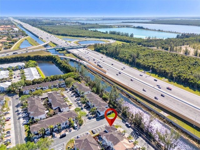 aerial view featuring a water view