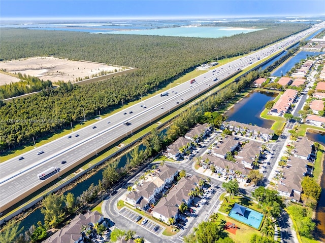 aerial view featuring a water view