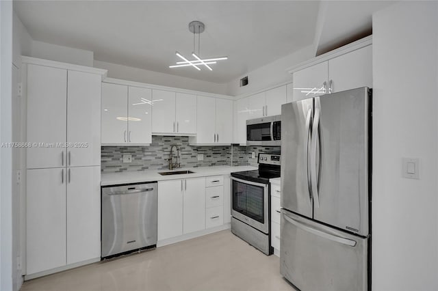 kitchen with backsplash, white cabinetry, stainless steel appliances, and a sink