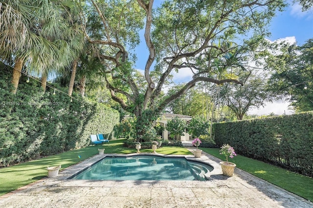 view of pool featuring a lawn