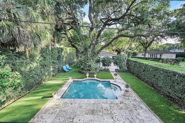 view of swimming pool with a patio and a yard