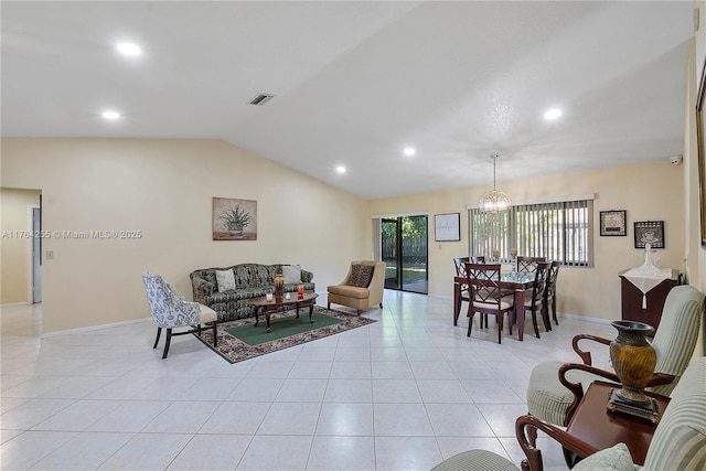 living area with light tile patterned floors, baseboards, lofted ceiling, recessed lighting, and a chandelier