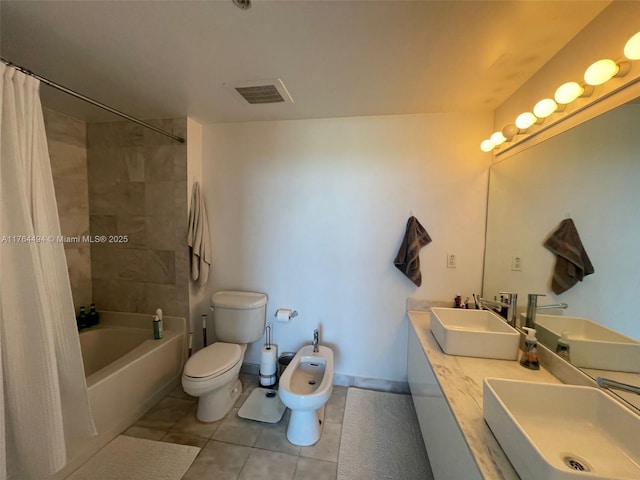 bathroom with tile patterned flooring, toilet, visible vents, and a sink