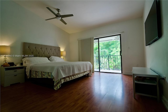 bedroom featuring a ceiling fan, access to exterior, wood finished floors, and lofted ceiling