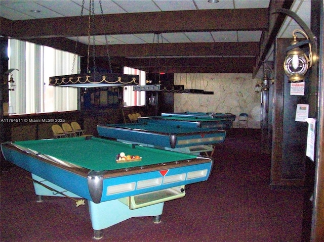 playroom featuring beamed ceiling and billiards