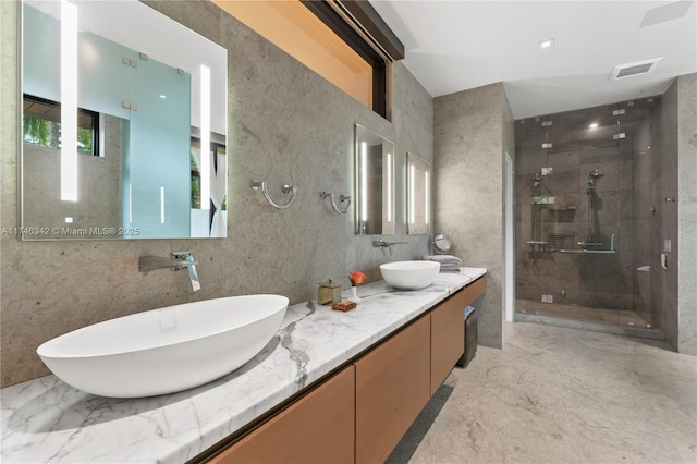 2803 Crystal Ct, Coconut Grove, FL 33133 - bathroom with a shower stall, double vanity, and marble finish flooring