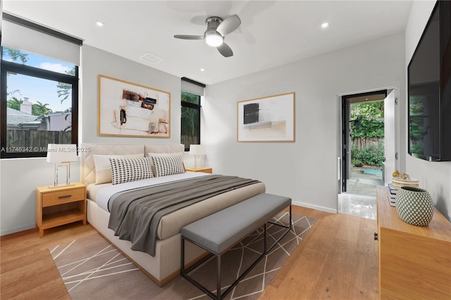 bedroom with light wood-type flooring, visible vents, recessed lighting, baseboards, and ceiling fan