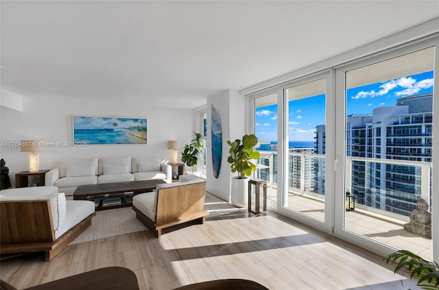 living area featuring expansive windows and wood finished floors