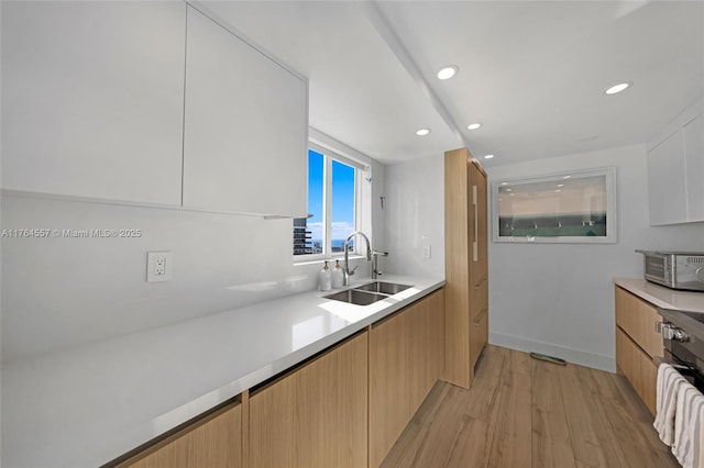 kitchen with a sink, light wood-type flooring, modern cabinets, and light countertops