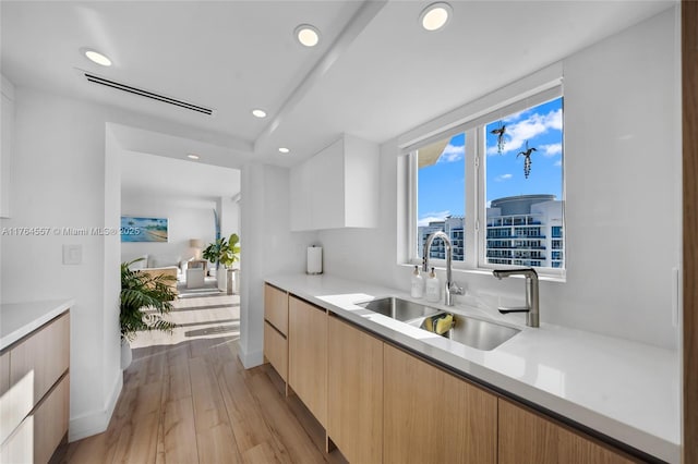 kitchen featuring light countertops, light wood-style flooring, modern cabinets, and a sink