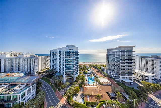 aerial view with a city view and a water view