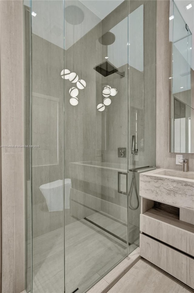 3234 SW 53rd Ct, Hollywood, FL 33312 - bathroom with a stall shower, vanity, and wood finished floors