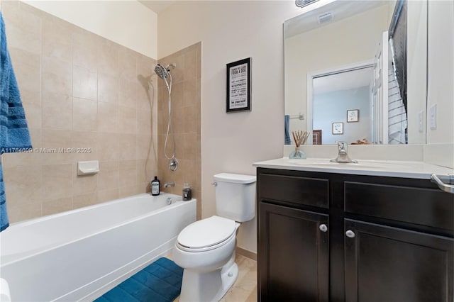 bathroom with vanity, visible vents,  shower combination, tile patterned flooring, and toilet