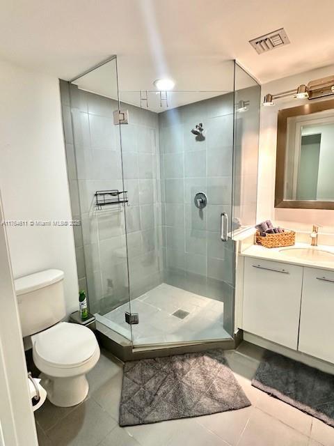 bathroom with vanity, a shower stall, toilet, and visible vents