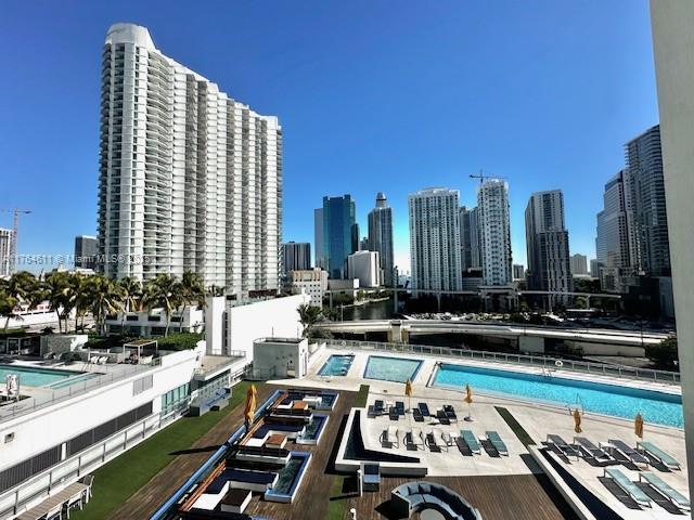 view of swimming pool with a city view