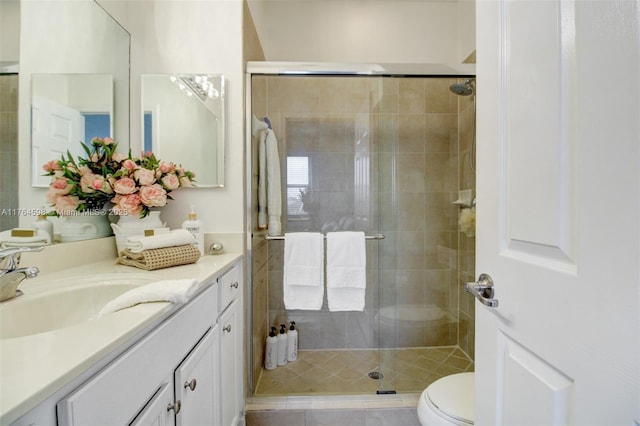 full bath featuring a shower stall, toilet, and vanity