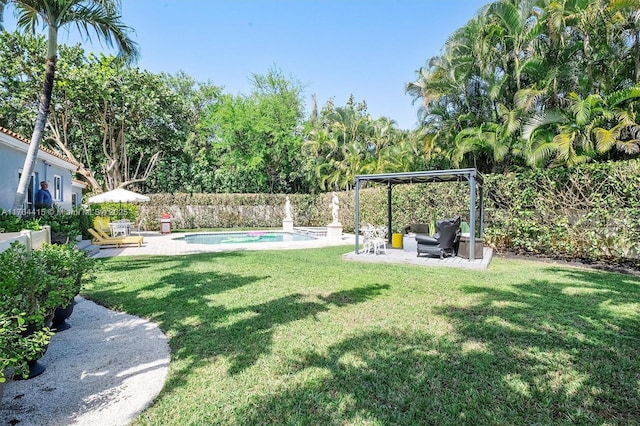 view of yard featuring a fenced backyard, a fenced in pool, and a patio