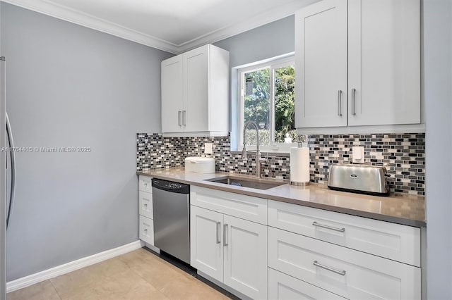 kitchen featuring a sink, tasteful backsplash, light tile patterned flooring, crown molding, and dishwasher