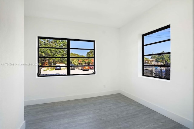 empty room featuring a wealth of natural light, baseboards, and wood finished floors