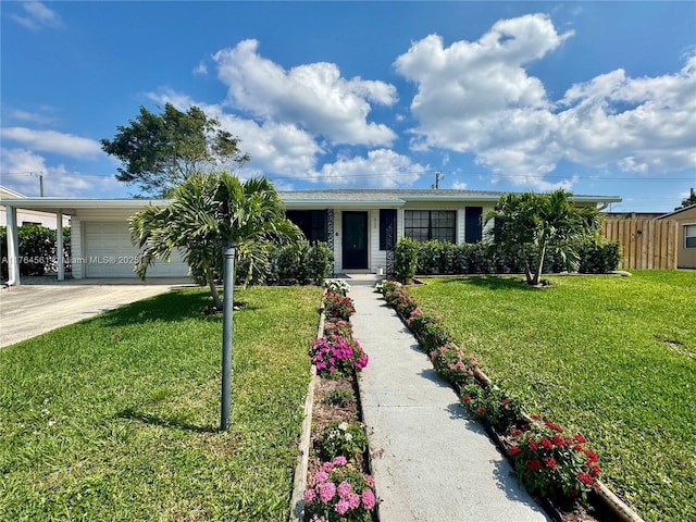 single story home with a front lawn, fence, a garage, and driveway