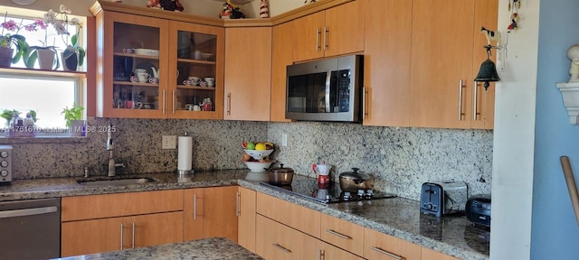 4801 NW 7th St Unit 810-16, Miami, FL 33126 - kitchen featuring a sink, tasteful backsplash, stainless steel appliances, dark stone counters, and glass insert cabinets