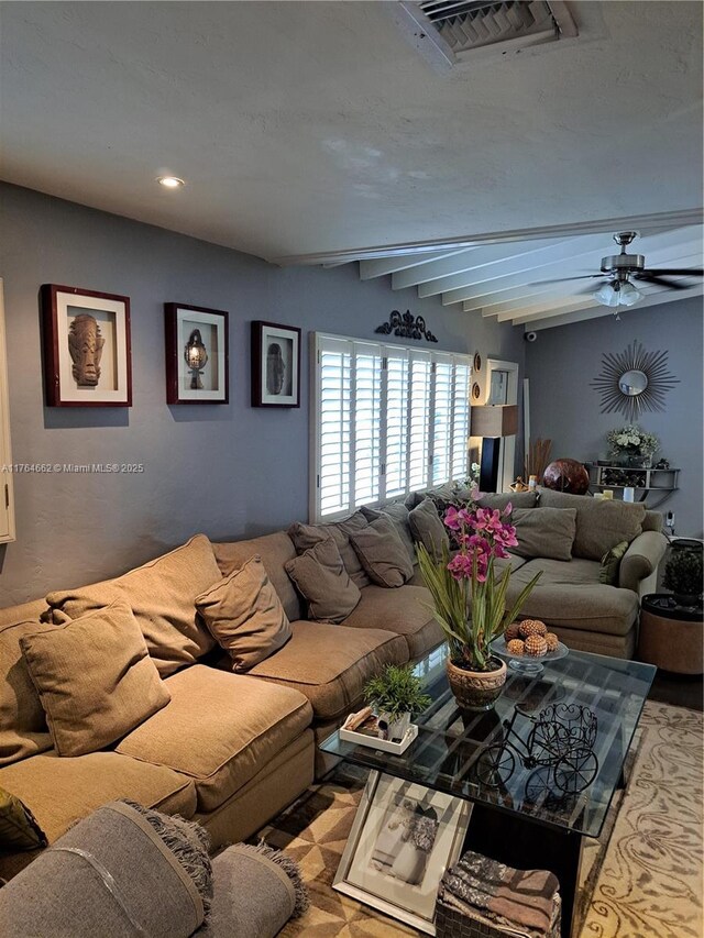 911 W Country Club Cir, Plantation, FL 33317 - living room featuring beam ceiling, visible vents, recessed lighting, and a ceiling fan