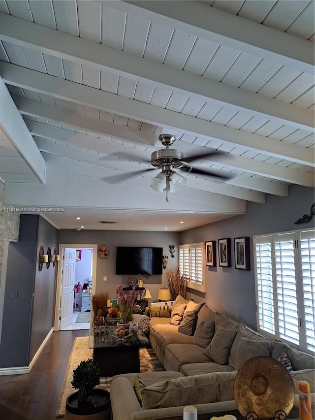911 W Country Club Cir, Plantation, FL 33317 - living room with beam ceiling, ceiling fan, and dark wood-style flooring